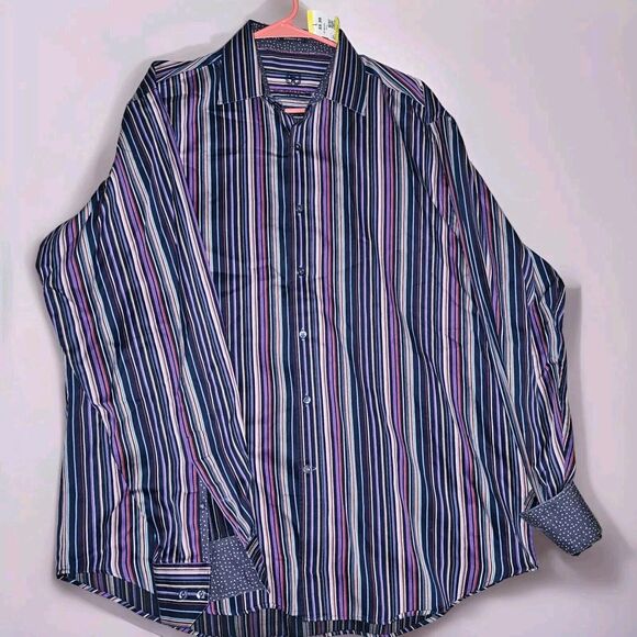 Bugatchi Uomo Purple Striped Dress Shirt Mens XXL Long Sleeve ButtonUp Flip Cuff - Picture 1 of 11